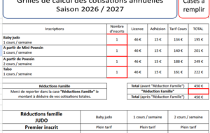 Tarif des cours saison 2026-2027